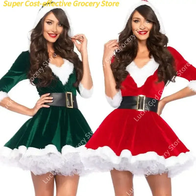 Fashion Women Half Sleeve Solid Popular Ladies Santa Claus Xmas Theme Costume Cosplay Outfit Waistbelt Fancy Christmas Dress
