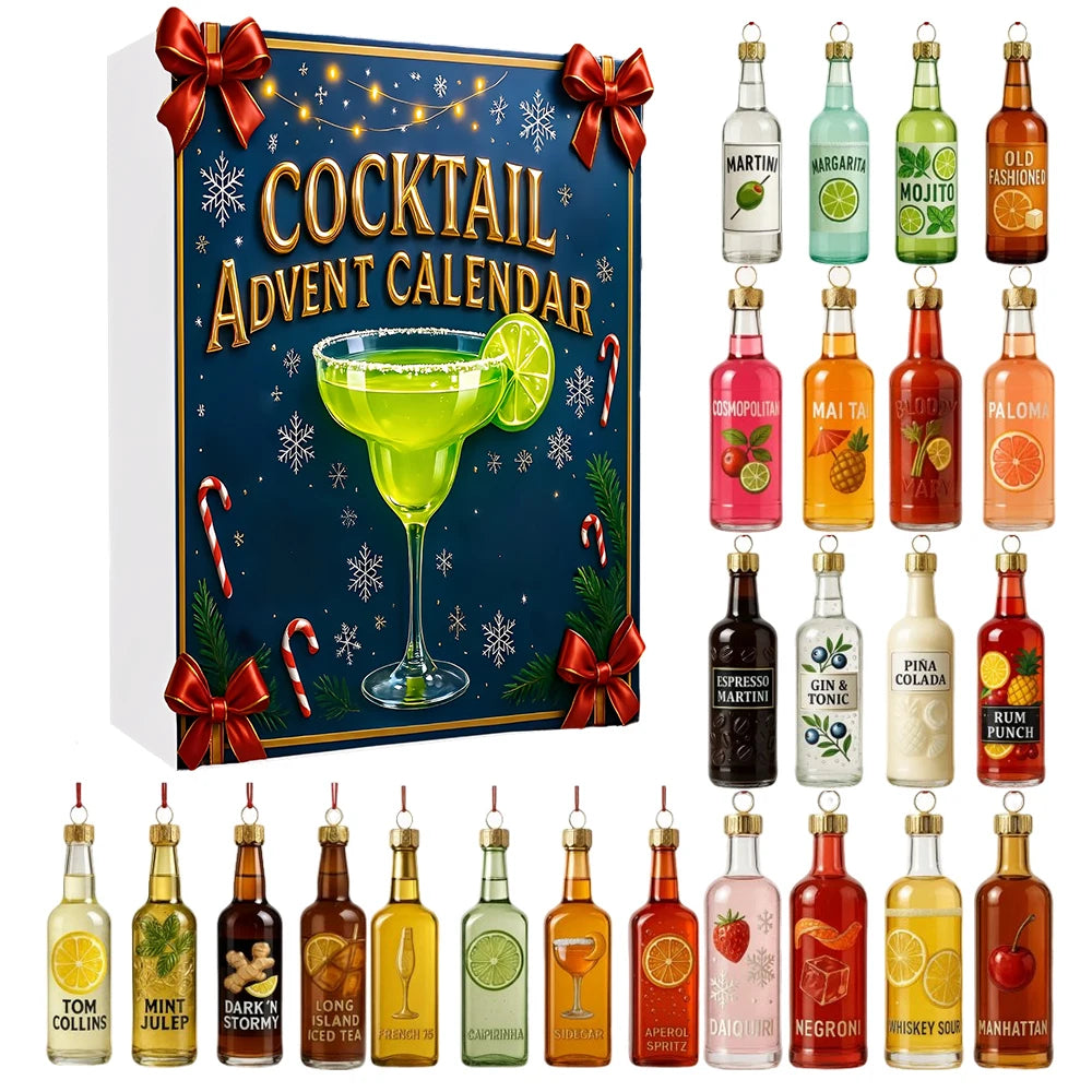 Cocktail Christmas Advent Calendar with 24 2D Cocktail Ornaments Xmas Countdown Calendar for Christmas Tree Home Decoration