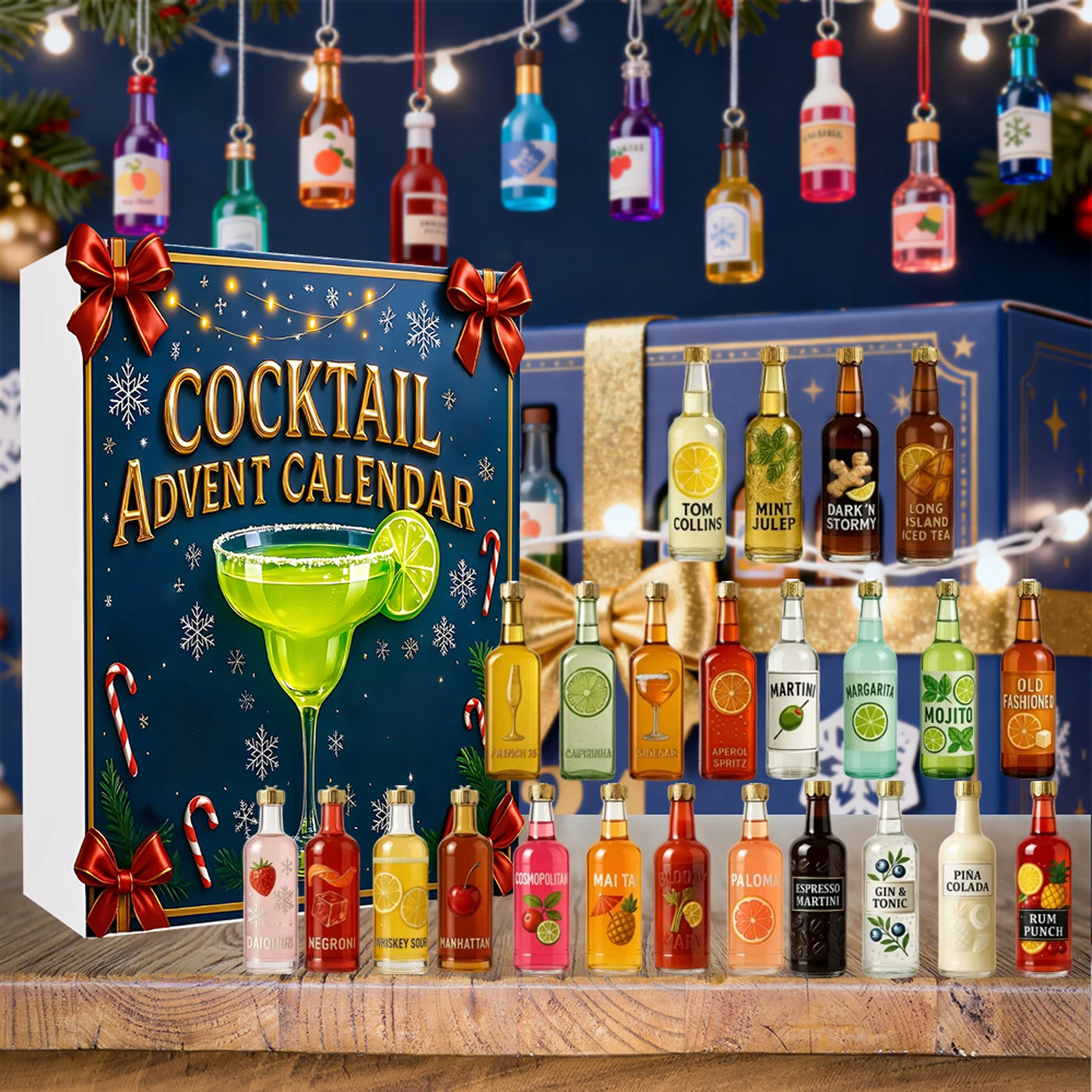 Cocktail Christmas Advent Calendar with 24 2D Cocktail Ornaments Xmas Countdown Calendar for Christmas Tree Home Decoration