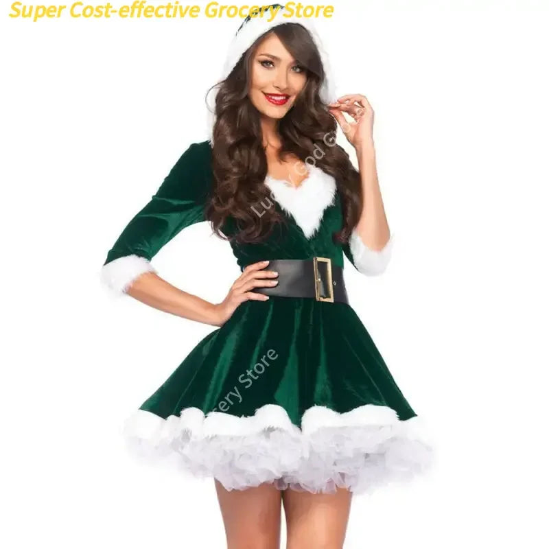 Fashion Women Half Sleeve Solid Popular Ladies Santa Claus Xmas Theme Costume Cosplay Outfit Waistbelt Fancy Christmas Dress