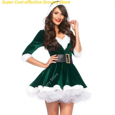 Fashion Women Half Sleeve Solid Popular Ladies Santa Claus Xmas Theme Costume Cosplay Outfit Waistbelt Fancy Christmas Dress