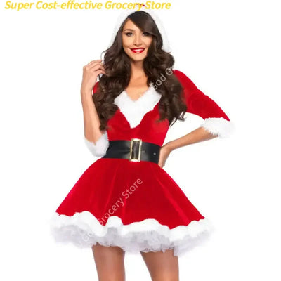 Fashion Women Half Sleeve Solid Popular Ladies Santa Claus Xmas Theme Costume Cosplay Outfit Waistbelt Fancy Christmas Dress