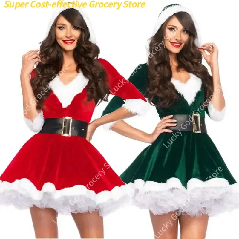 Fashion Women Half Sleeve Solid Popular Ladies Santa Claus Xmas Theme Costume Cosplay Outfit Waistbelt Fancy Christmas Dress